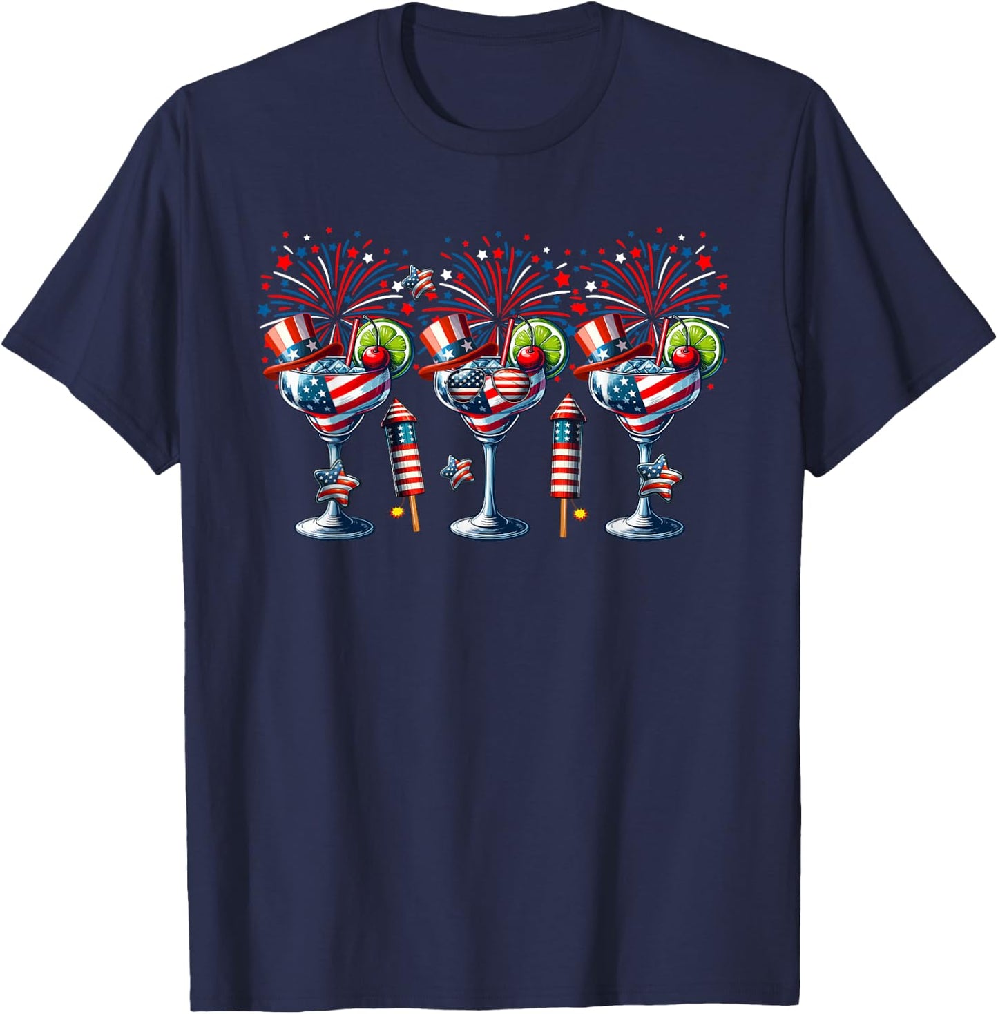 Three Glasses Of Cocktail Funny Drinker Patriotic 4th July Women Men T-Shirt - T-Shirt | Navy
