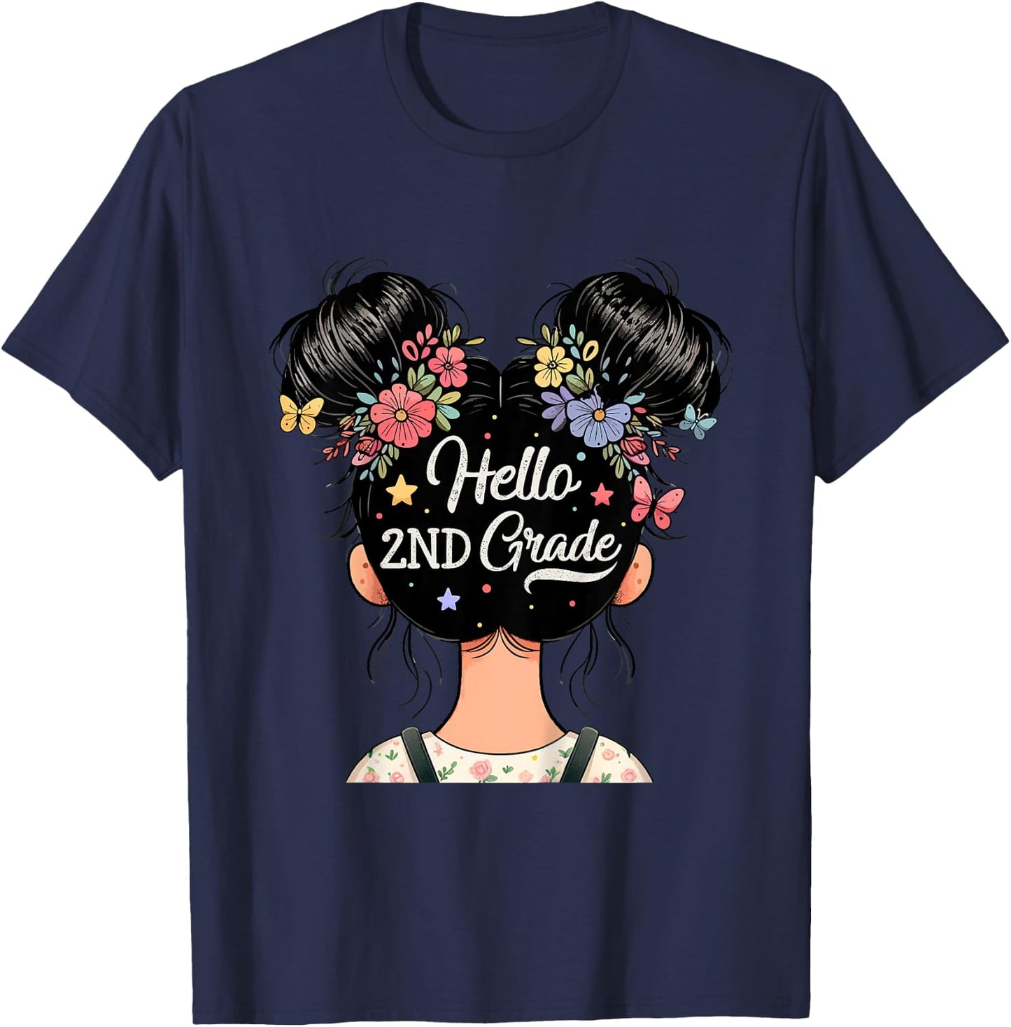 Kids Hello 2nd Grade Messy Hair Bun Girl Back To School Kids T-Shirt - T-Shirt | Navy