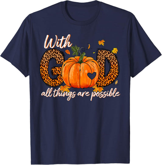 With God All Things Are Possible Pumpkin Leopard Religious T-Shirt - T-Shirt | Navy