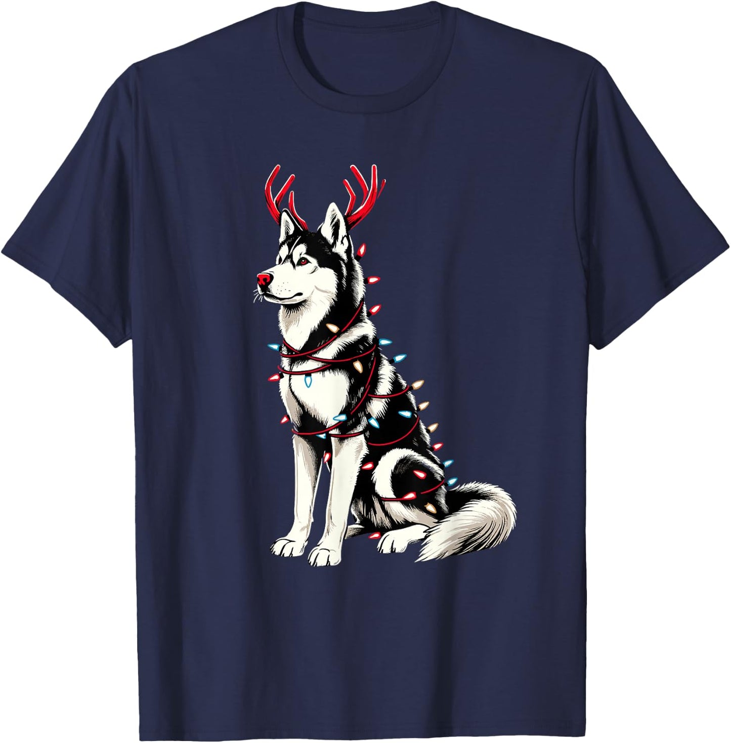 Siberian Husky Santa Christmas Lights Pajama, Merry Wolfmas T-Shirt - T-Shirt | Navy