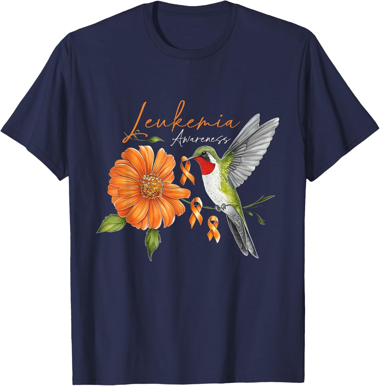 Hummingbird Orange Ribbon Sunflower Daisy Leukemia Awareness T-Shirt - T-Shirt | Navy