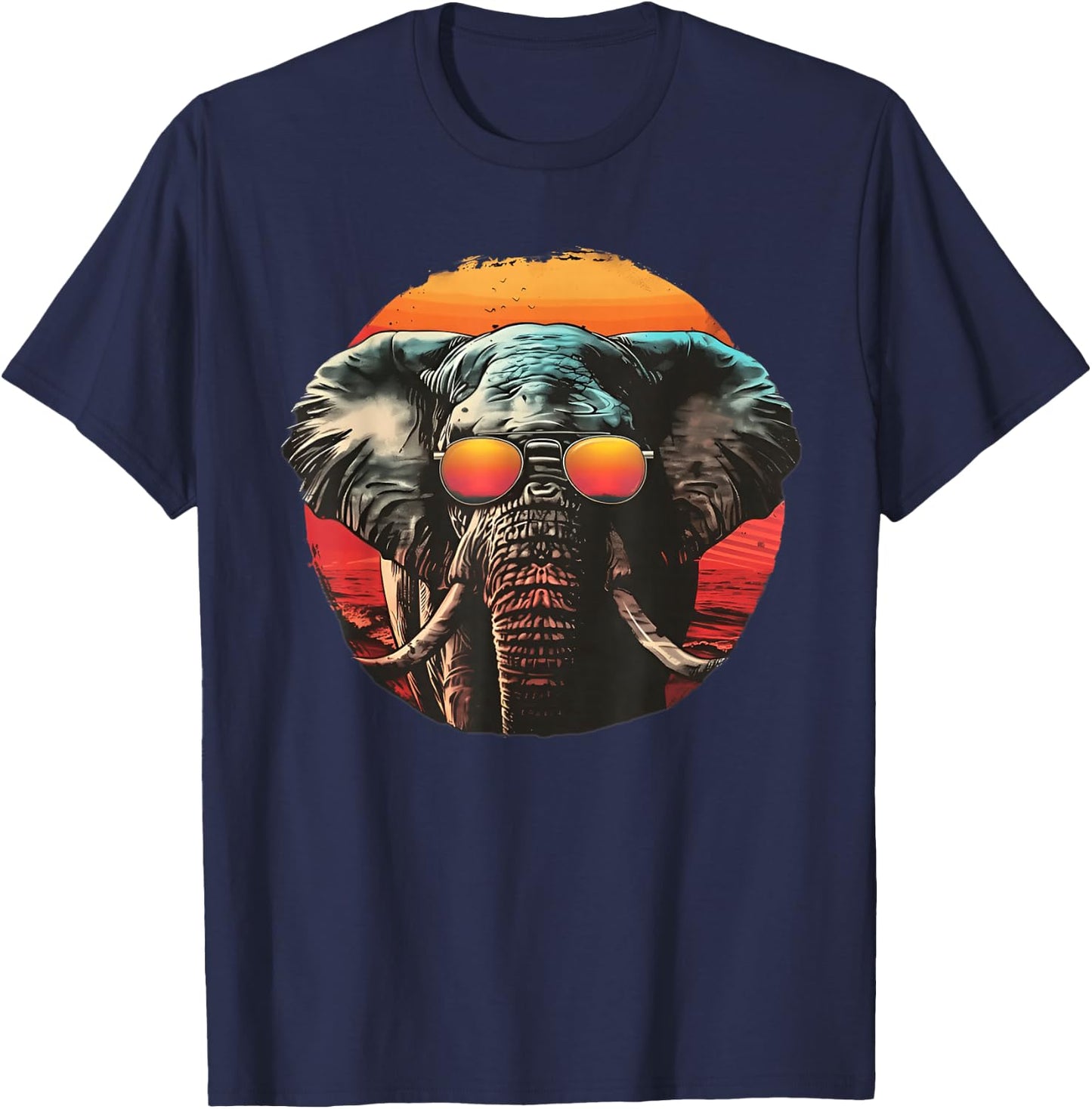 Elephant with Sunglasses Retro sunset summer T-Shirt - T-Shirt | Navy