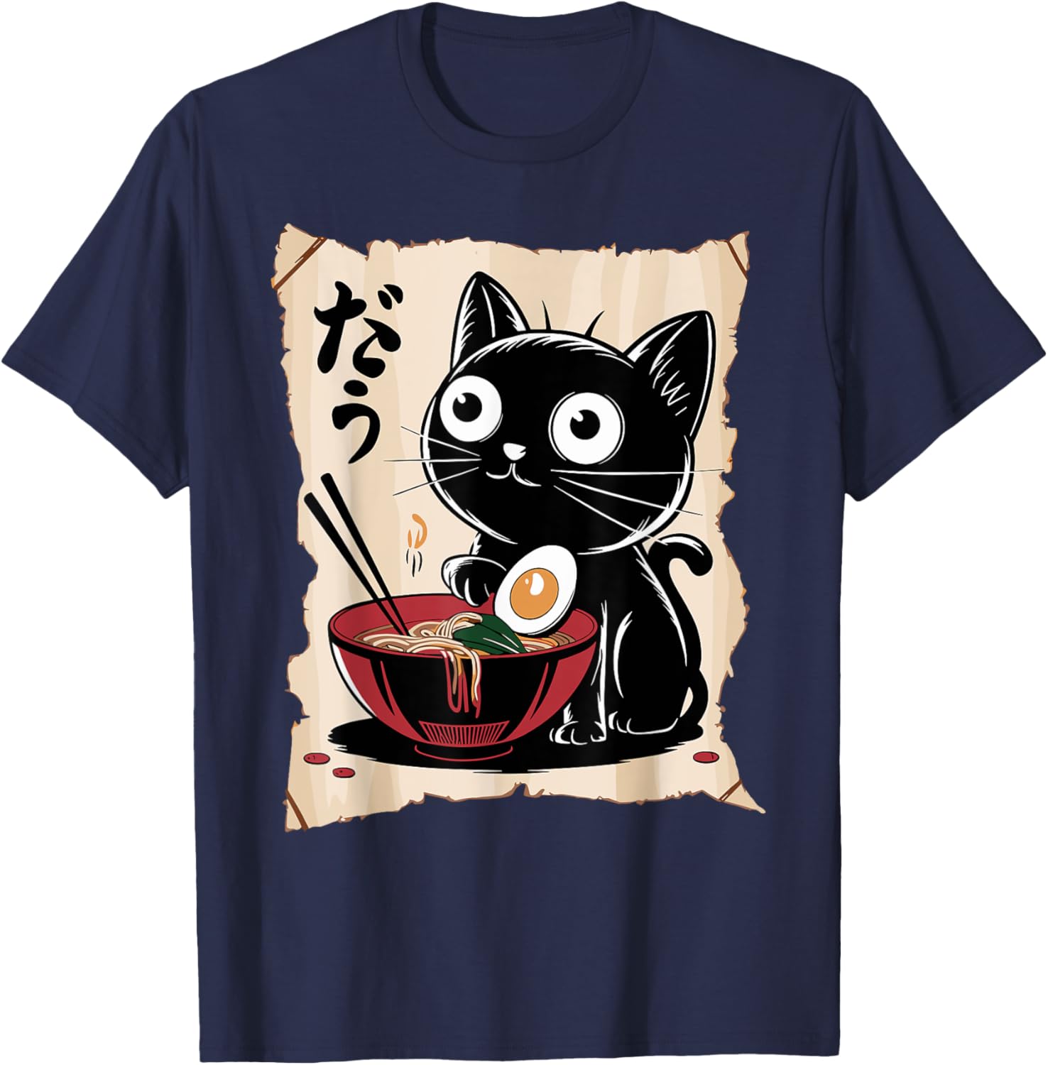 Funny Cat Ramen Noodle Japanese Kawaii Anime Otaku Style T-Shirt - T-Shirt | Navy