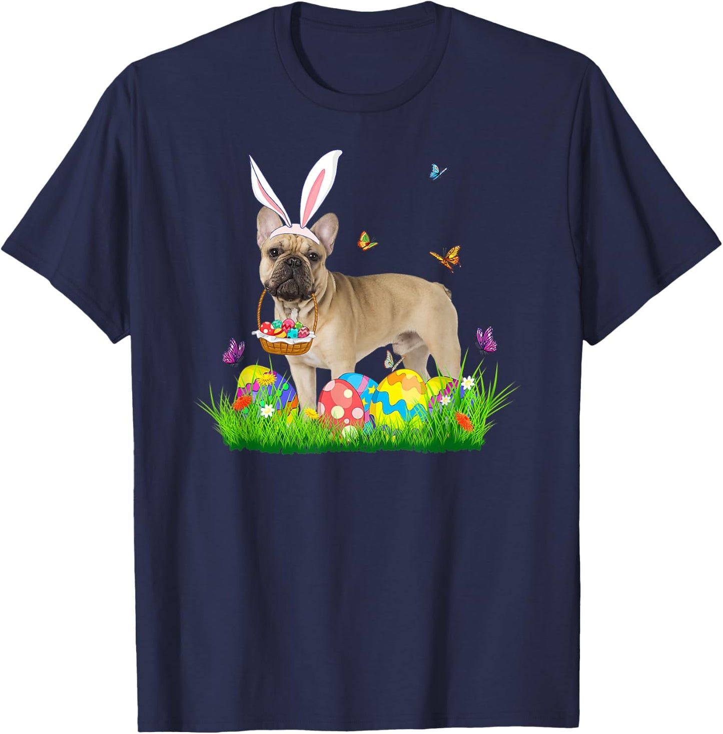 Bunny French Bulldog With Egg Basket Easter Hunting Egg Men Women T-Shirt - T-Shirt | Navy