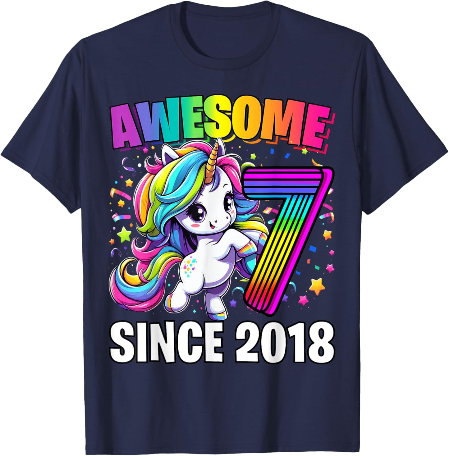 Unicorn 7th Birthday 7 Year Old Unicorn Party Girls Outfit T-Shirt - T-Shirt | Navy