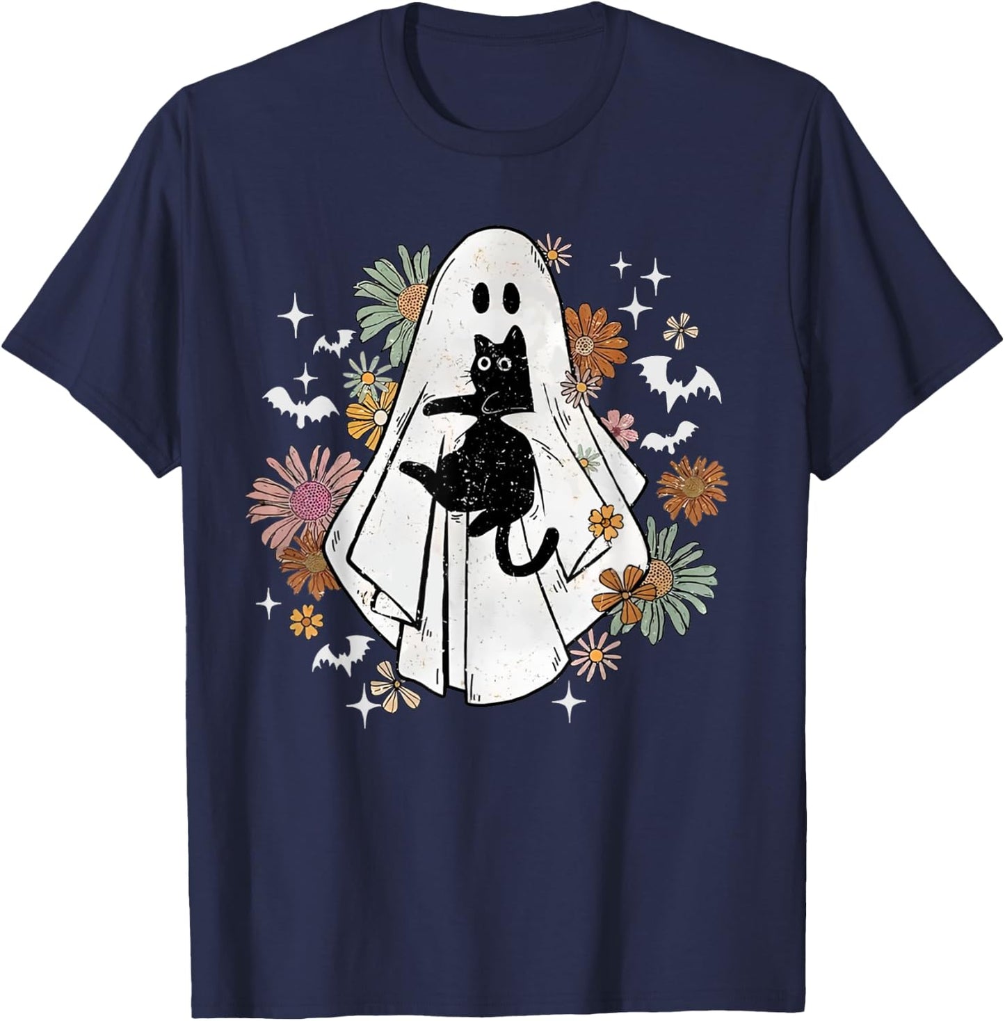 Spooky Ghost Holding Black Cat Groovy Floral Halloween Goth T-Shirt - T-Shirt | Navy