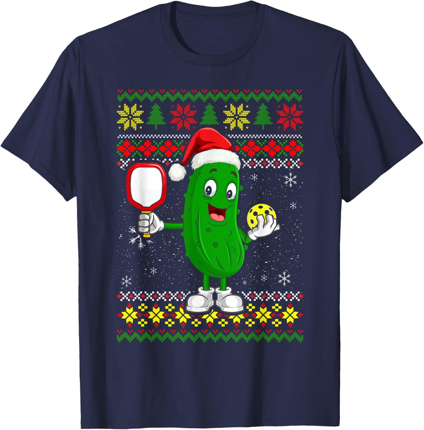 Pickleball Santa Claus Ugly Christmas Sweater Pattern T-Shirt - T-Shirt | Navy