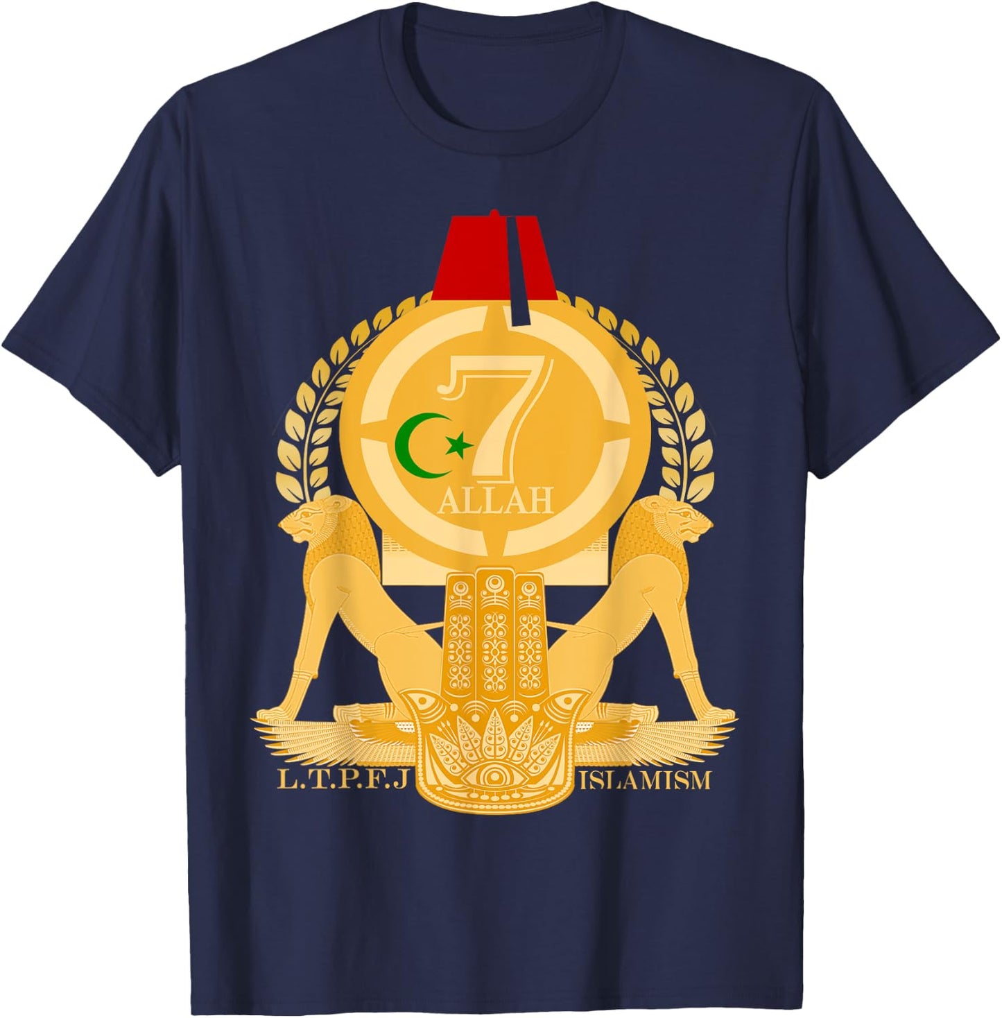 Moorish American Islamism With Hand Of Fatima Kemetic Lions T-Shirt - T-Shirt | Navy