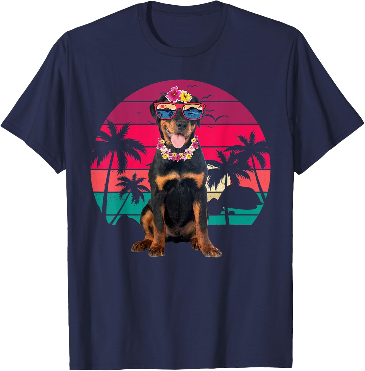 Retro Hawaiian Rottweiler Dog Tropical Floral Summer Vibes Men Women Kids T-Shirt - T-Shirt | Navy