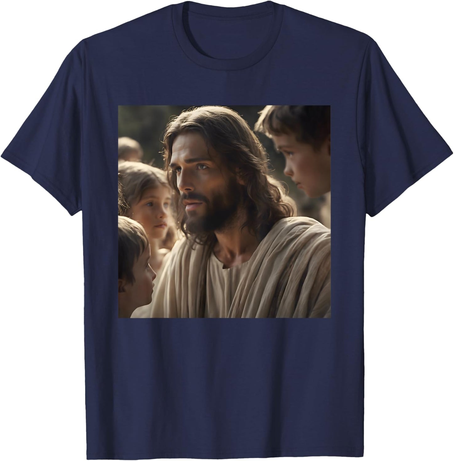 Vintage Jesus With Kids Face Of Jesus Portrait Christ T-Shirt - T-Shirt | Navy