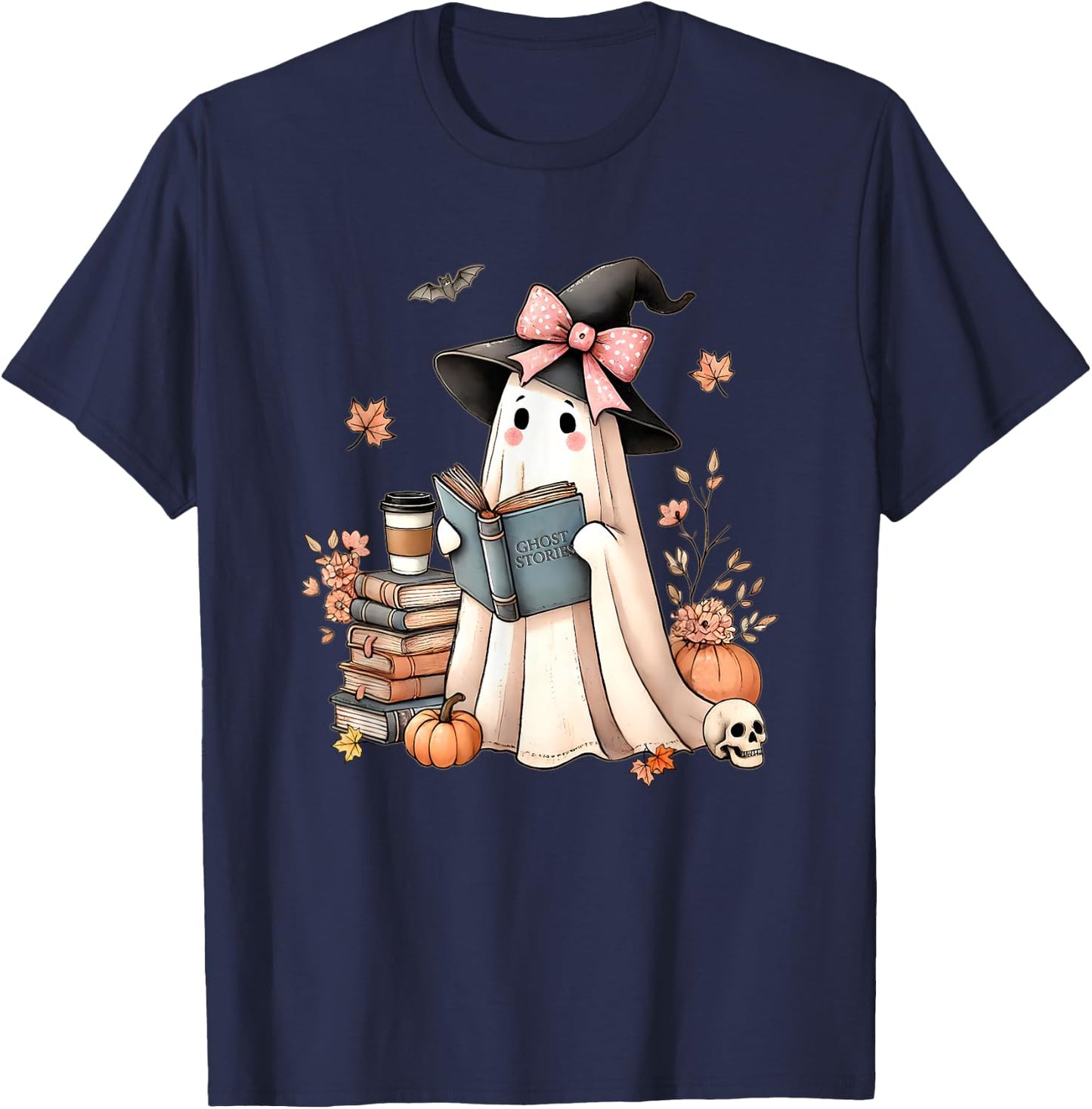 Cute Ghost Reading Book Librarian Book Lover T-Shirt - T-Shirt | Navy