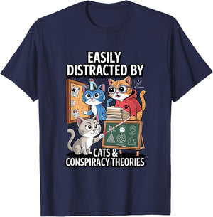 Easily Distracted By Cats & Conspiracy Theories T-Shirt - T-Shirt | Navy