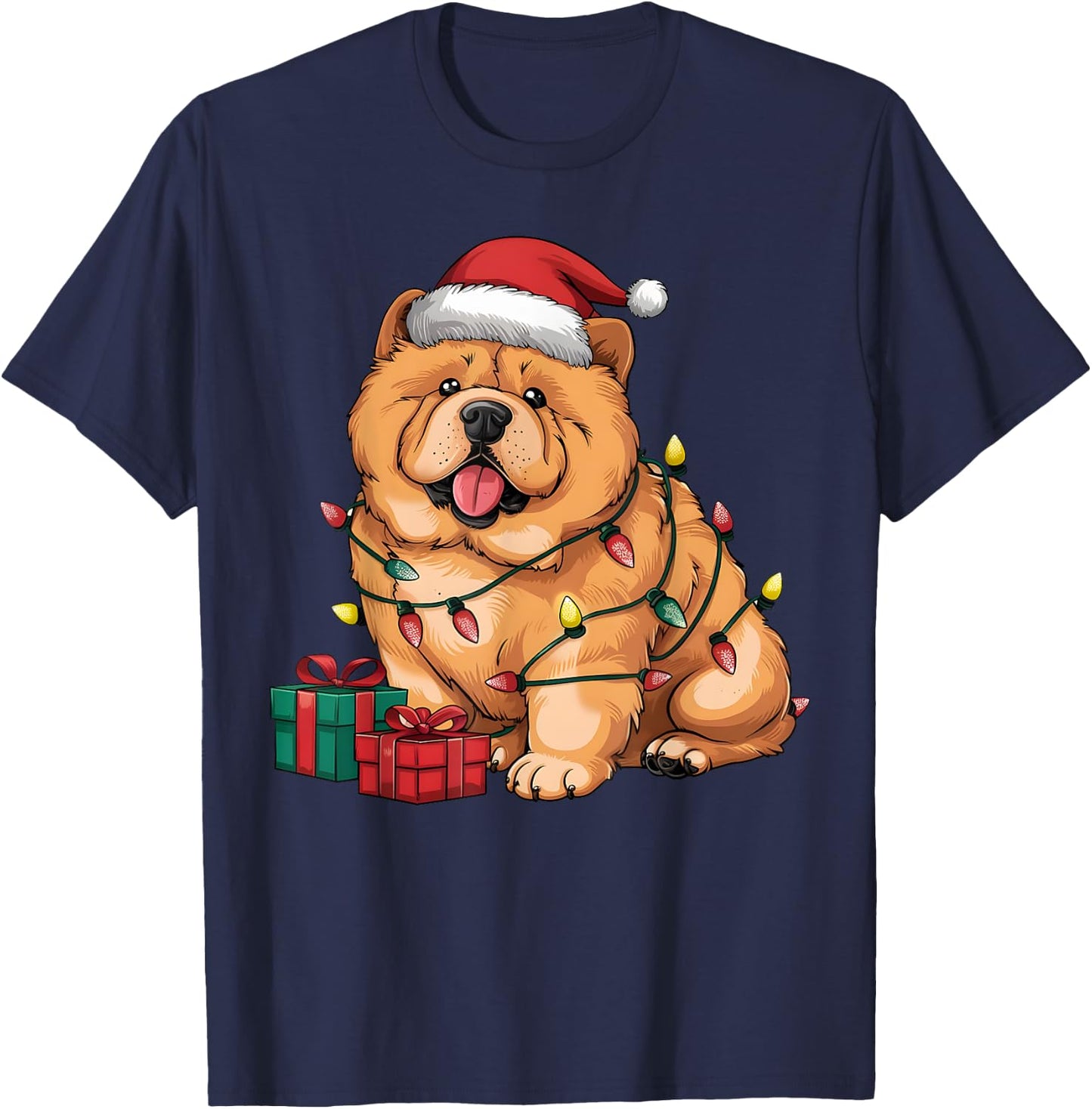 Xmas Lighting Santa Hat Chow Chow Dog Christmas Women Kids T-Shirt - T-Shirt | Navy