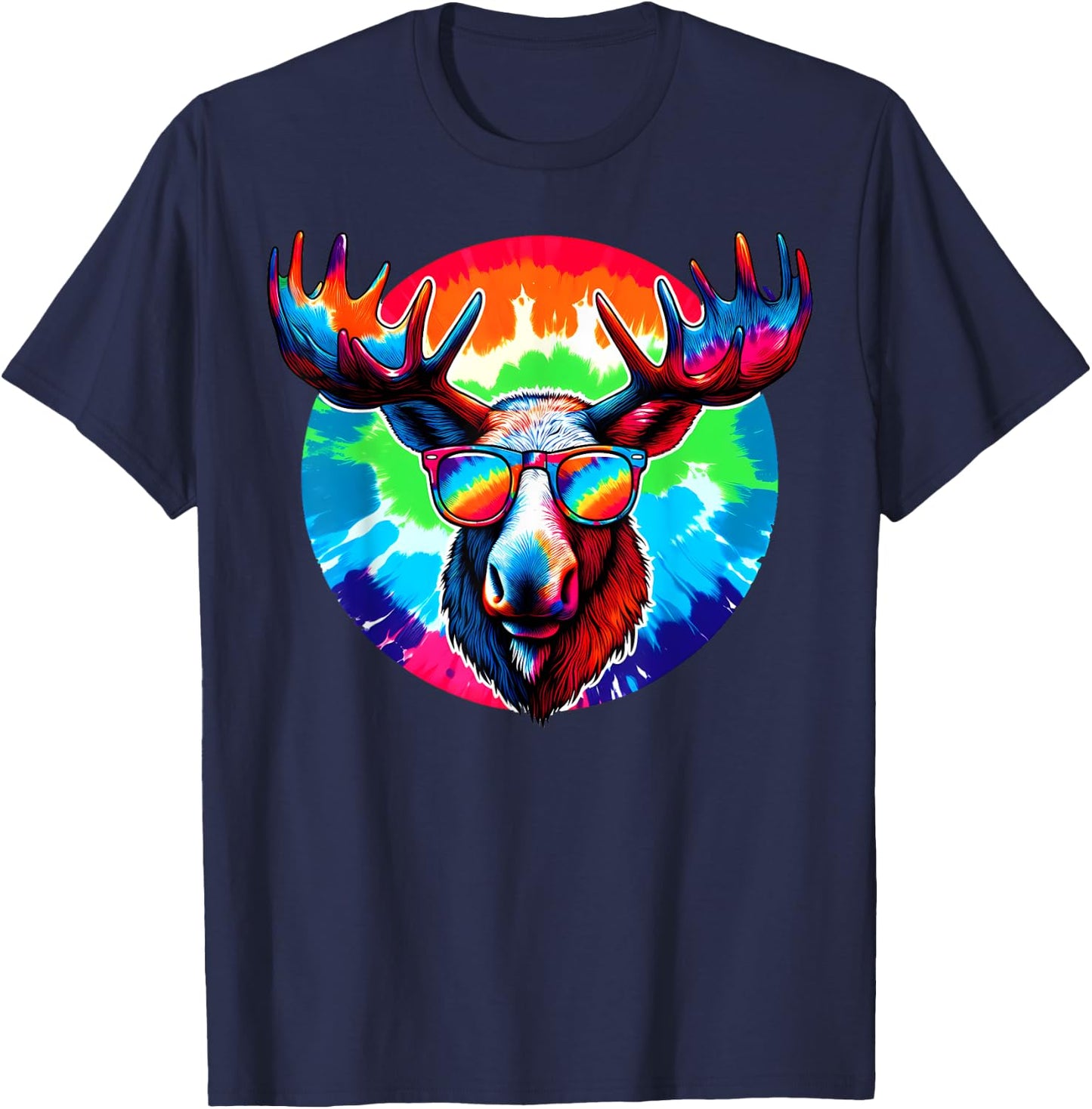 Cool Tie Dye Sunglasses Moose Illustration Art T-Shirt - T-Shirt | Navy