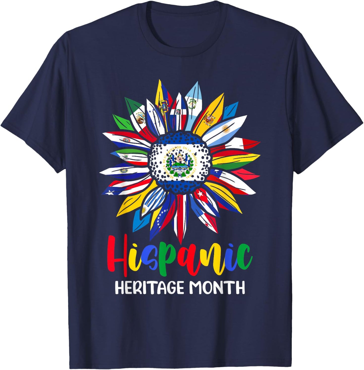 Hispanic Heritage Month El Salvador Flag Sunflower Latino T-Shirt - T-Shirt | Navy