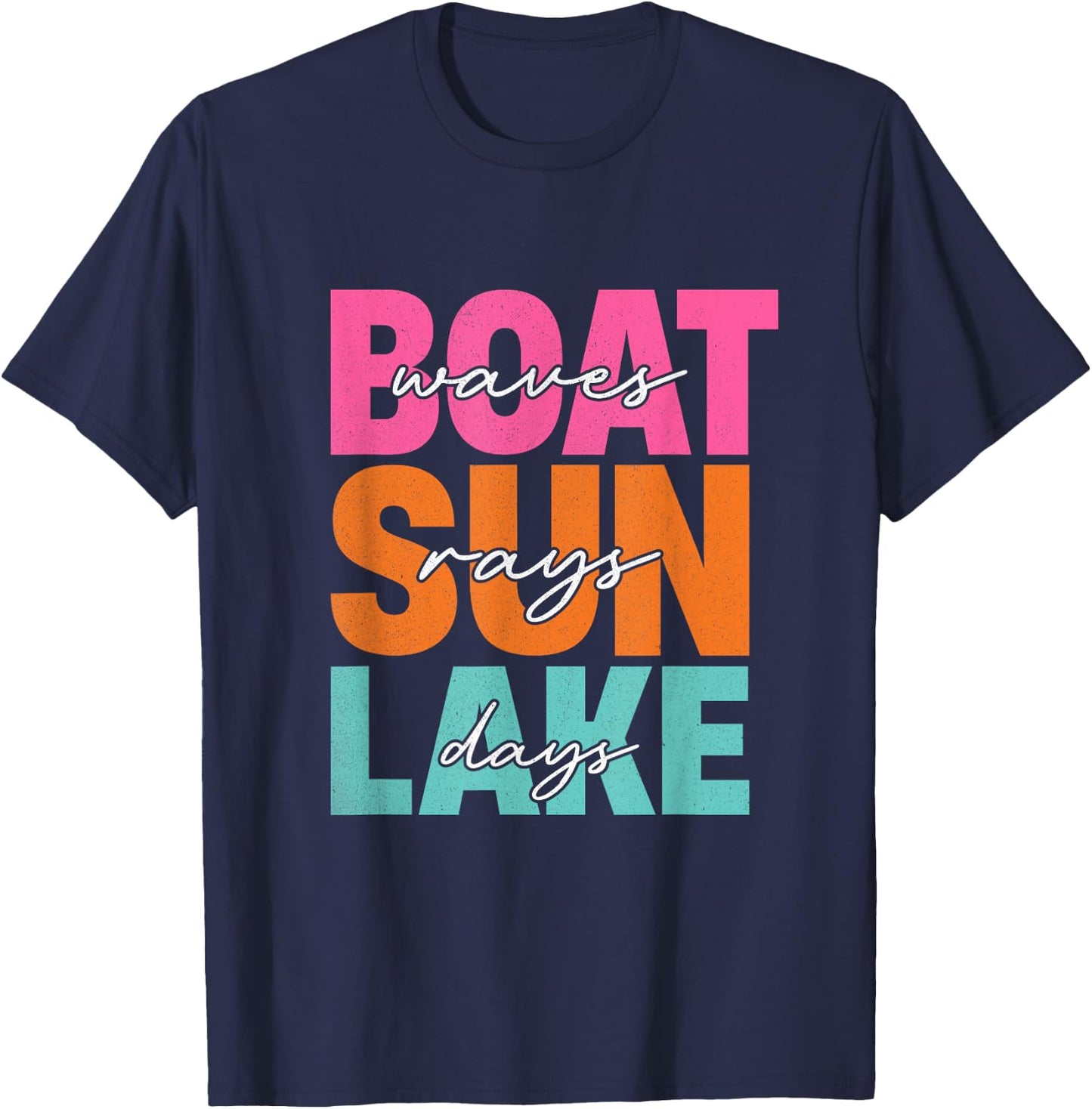 Boat Waves Sun Rays Lake Days Family Summer Vacation Retro T-Shirt - T-Shirt | Navy