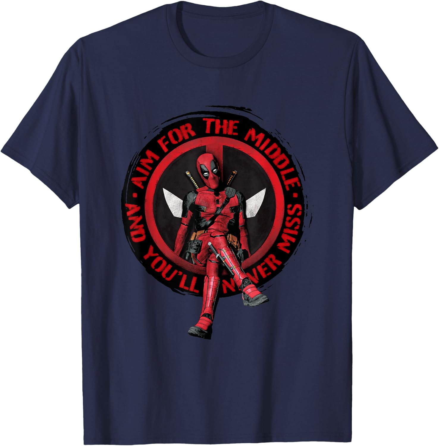 Marvel Deadpool & Wolverine Aim For The Middle Distressed T-Shirt - T-Shirt | Navy