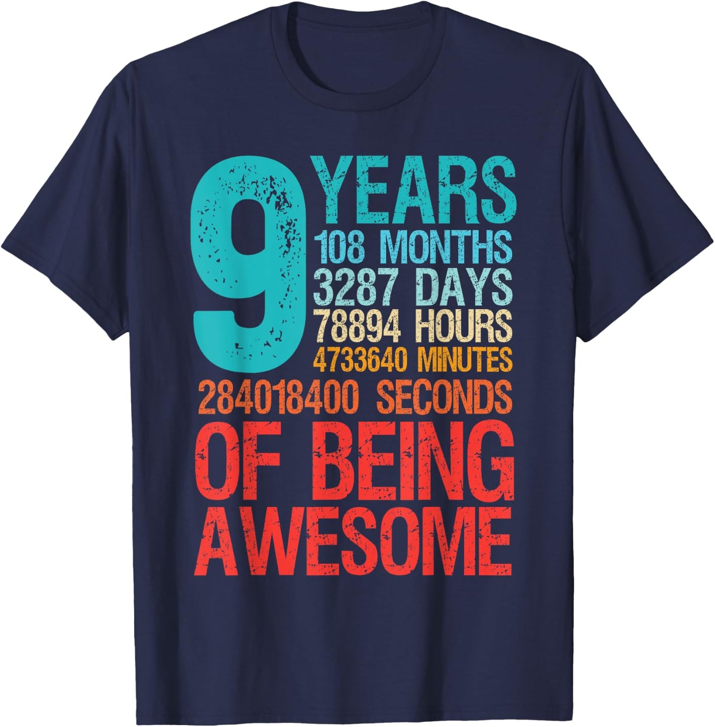 9 Years Old 108 Months Nine Birthday Boys Girls Kids Retro T-Shirt - T-Shirt | Navy