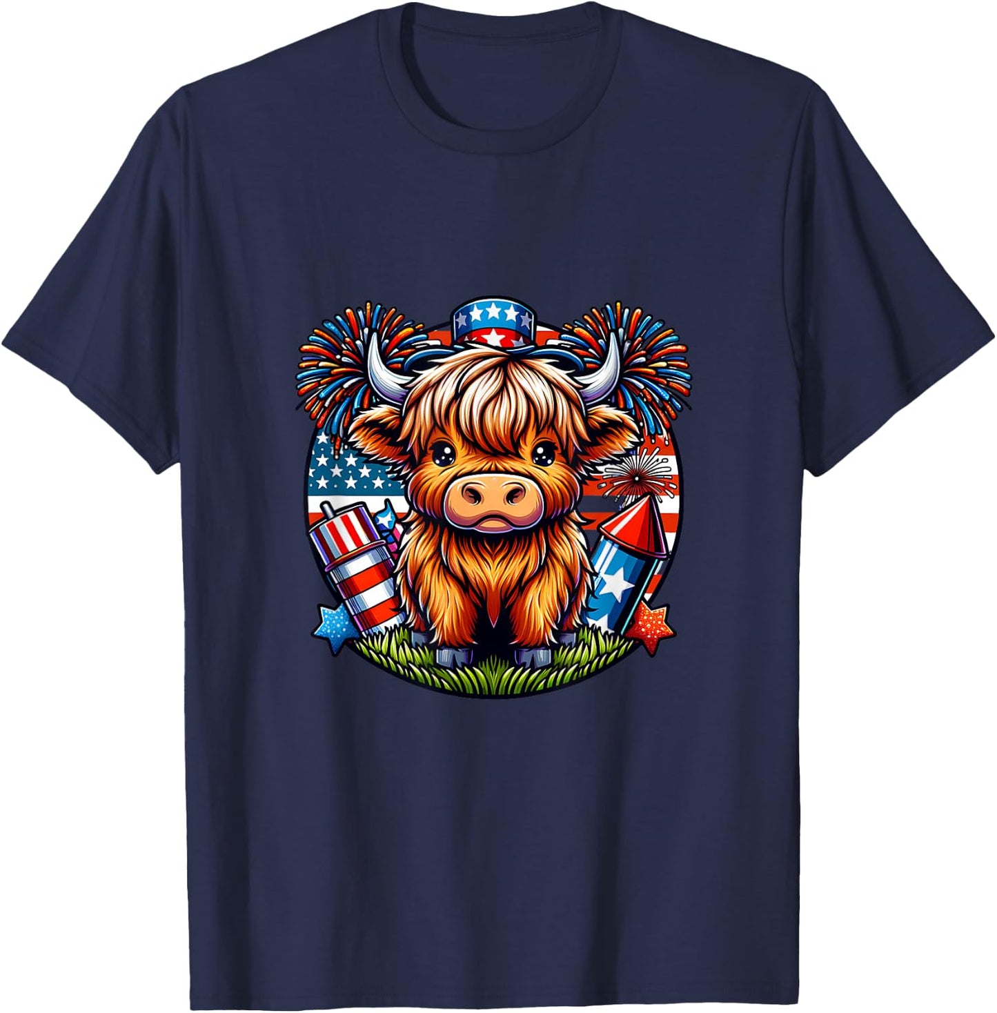 4th of July Highland Cow Patriotic Cute Cow Farmer T-Shirt - T-Shirt | Navy
