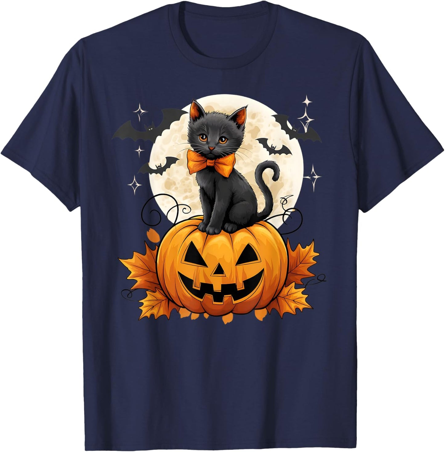 Retro Black Cat Halloween Pumpkin Costume Women Kids Girls T-Shirt - T-Shirt | Navy
