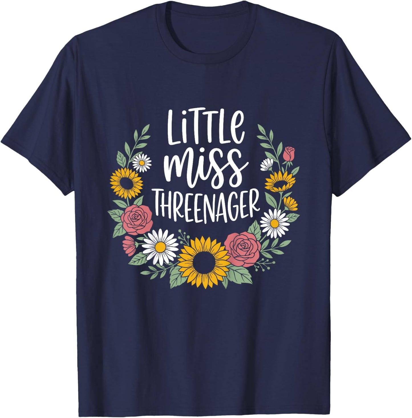 Floral Miss Threenager 3rd Birthday 3 Years Girls Kids T-Shirt - T-Shirt | Navy