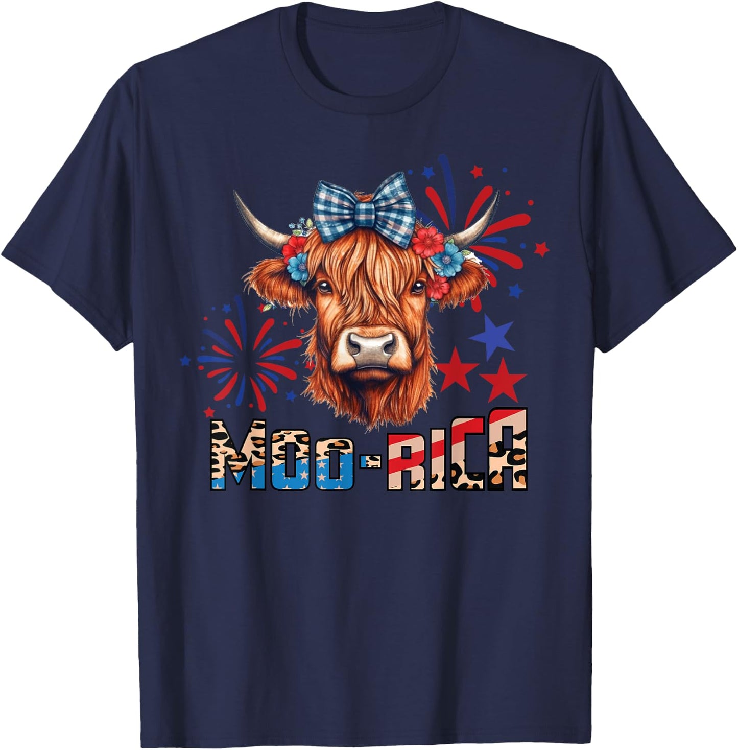 Moo-Rica Highland Cow 4th of July Memorial Day Patriotic Cow T-Shirt - T-Shirt | Navy