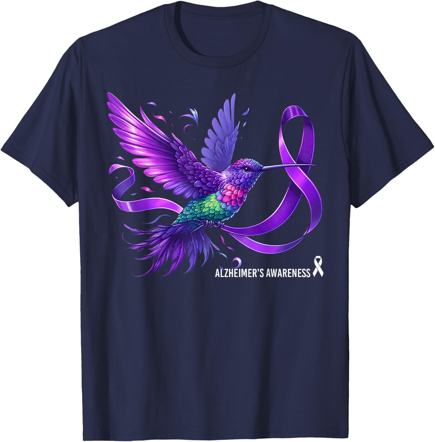 Hummingbird Holding Purple Ribbon Alzheimer's Awareness T-Shirt - T-Shirt | Navy