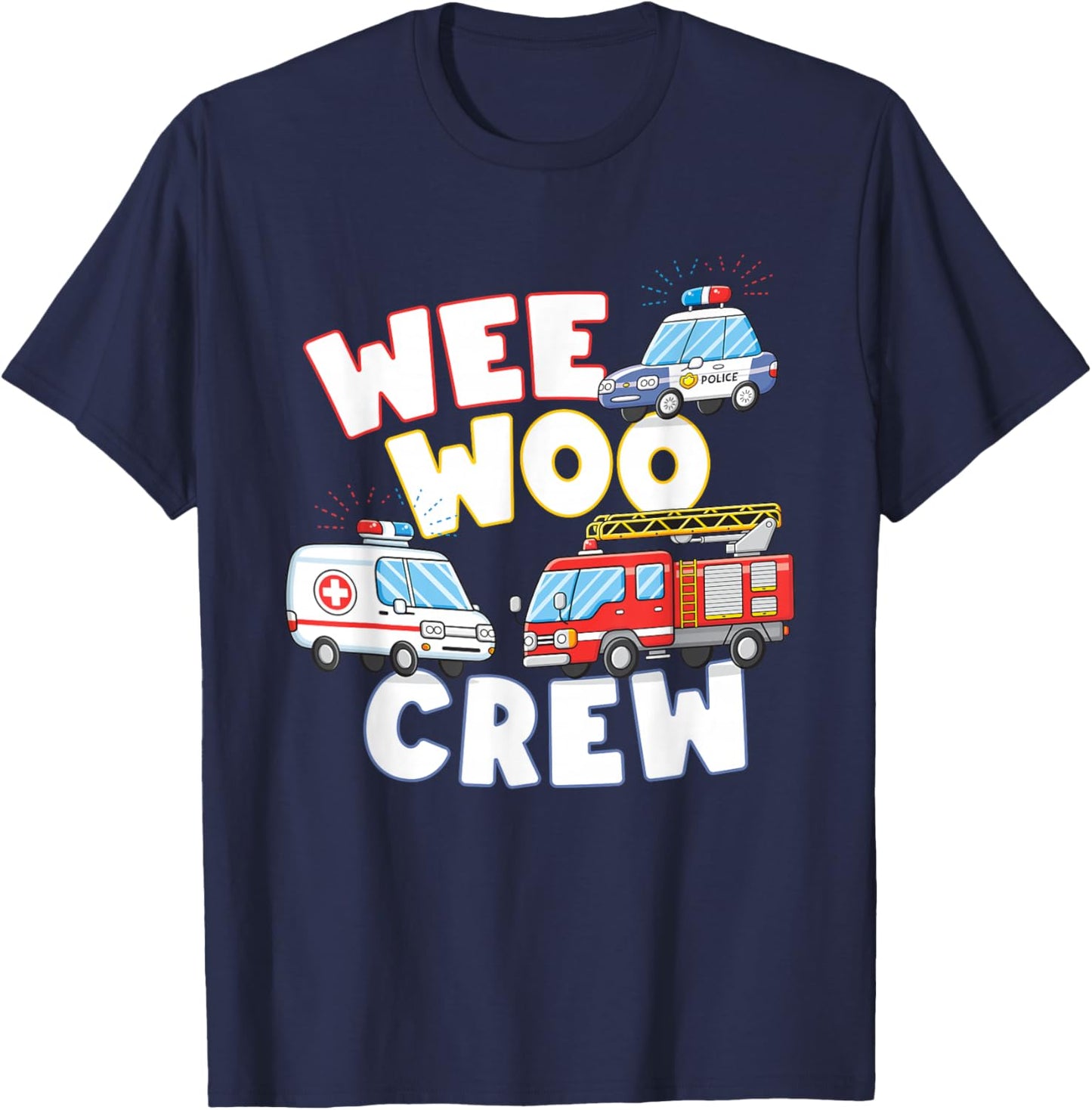 Wee Woo Crew Cute Ambulance Firetruck Police Car T-Shirt - T-Shirt | Navy