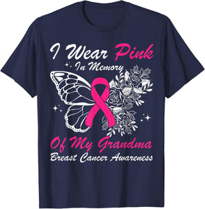 I Wear Pink In Memory Of My Grandma Butterfly Breast Cancer T-Shirt - T-Shirt | Navy