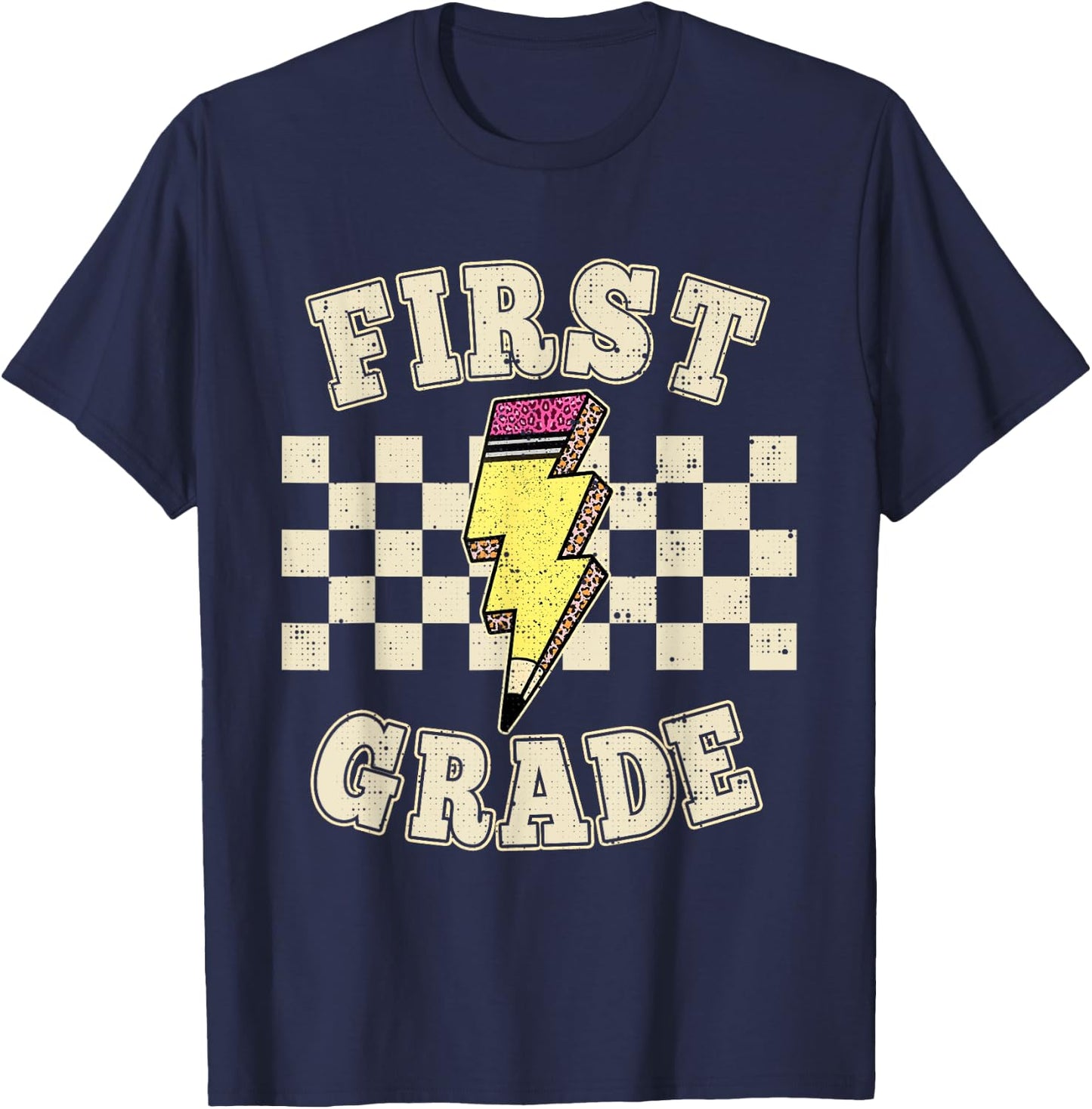 Retro 1st First Grade Teacher Lightning Bolt Pencil Teacher T-Shirt - T-Shirt | Navy