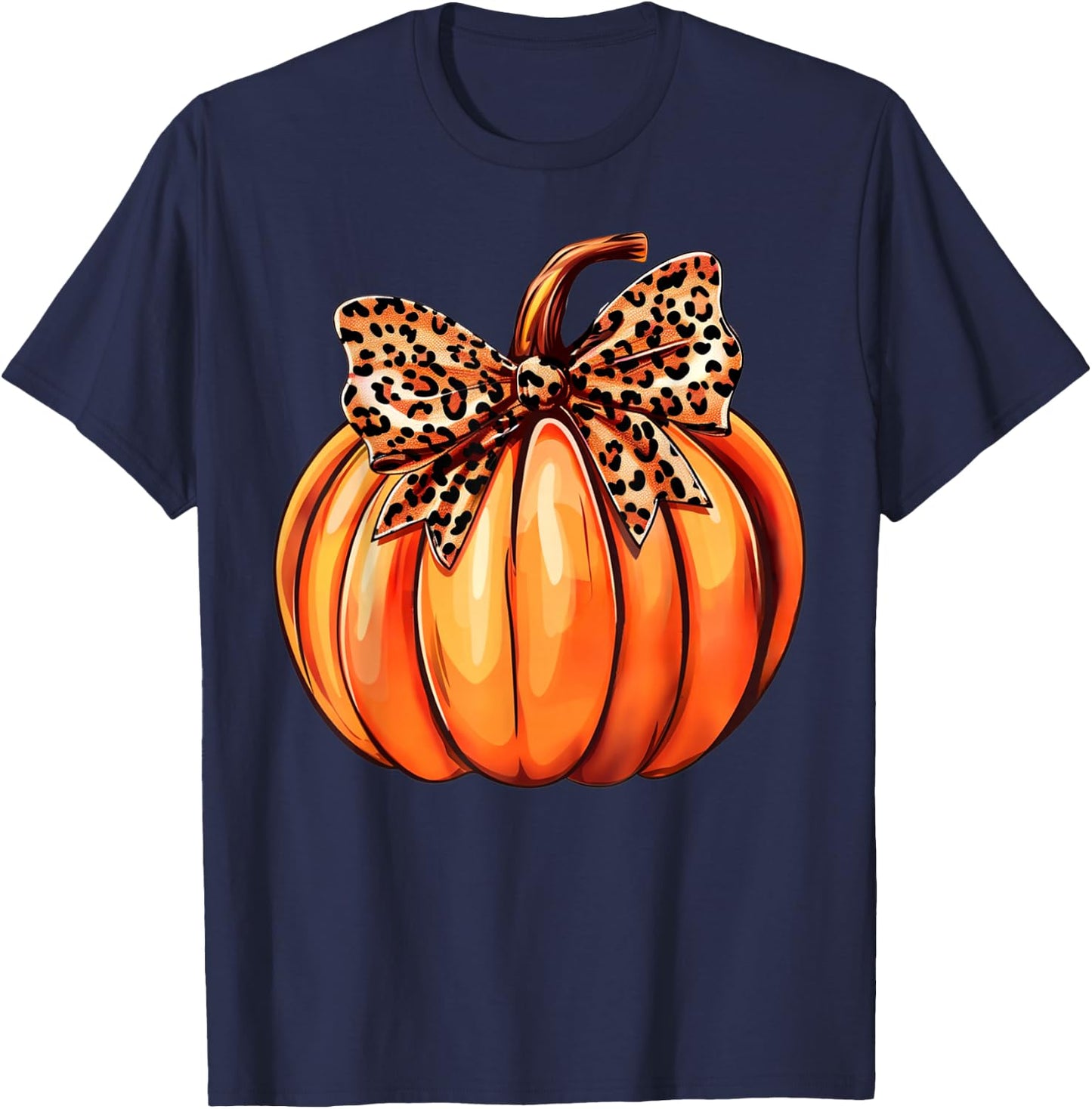 Coquette Bow Leopard Pumpkin Thanksgiving Rustic Fall Women T-Shirt - T-Shirt | Navy