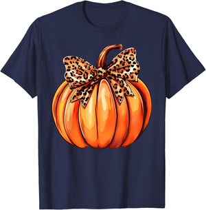 Coquette Bow Leopard Pumpkin Thanksgiving Rustic Fall Women T-Shirt - T-Shirt | Navy