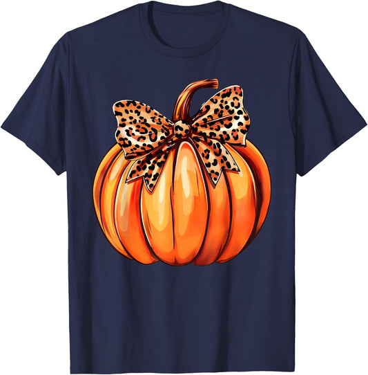 Coquette Bow Leopard Pumpkin Thanksgiving Rustic Fall Women T-Shirt - T-Shirt | Navy