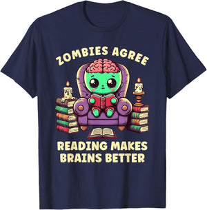 Halloween Teacher Zombie Reading is Good For Brains T-Shirt - T-Shirt | Navy