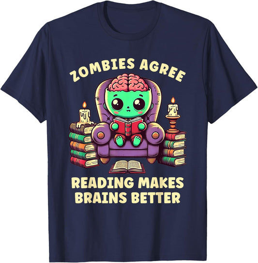 Halloween Teacher Zombie Reading is Good For Brains T-Shirt - T-Shirt | Navy