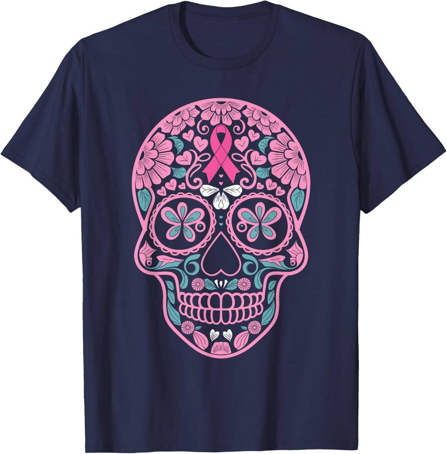 Breast Cancer Awareness Pink Sugar Skull Ribbon Calavera T-Shirt - T-Shirt | Navy