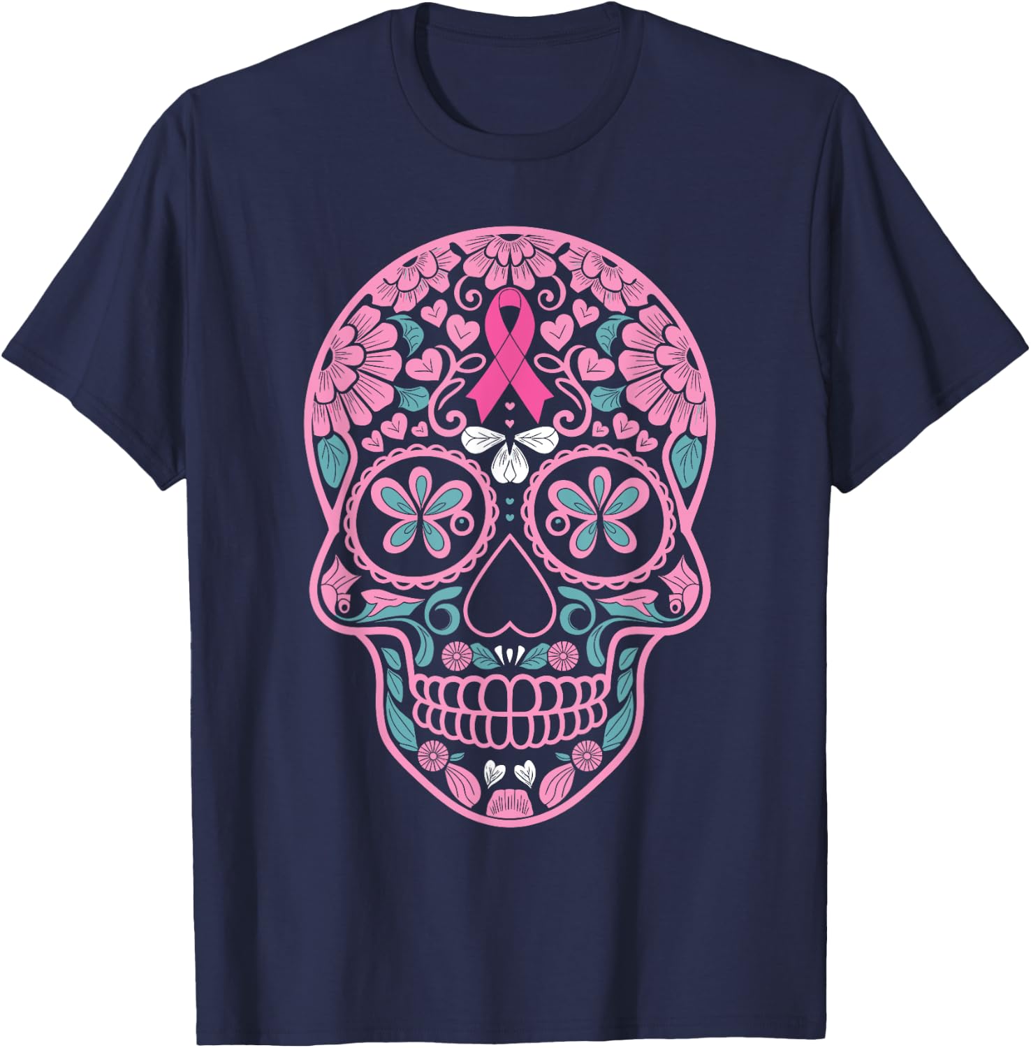 Breast Cancer Awareness Pink Sugar Skull Ribbon Calavera T-Shirt - T-Shirt | Navy