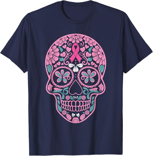 Breast Cancer Awareness Pink Sugar Skull Ribbon Calavera T-Shirt - T-Shirt | Navy