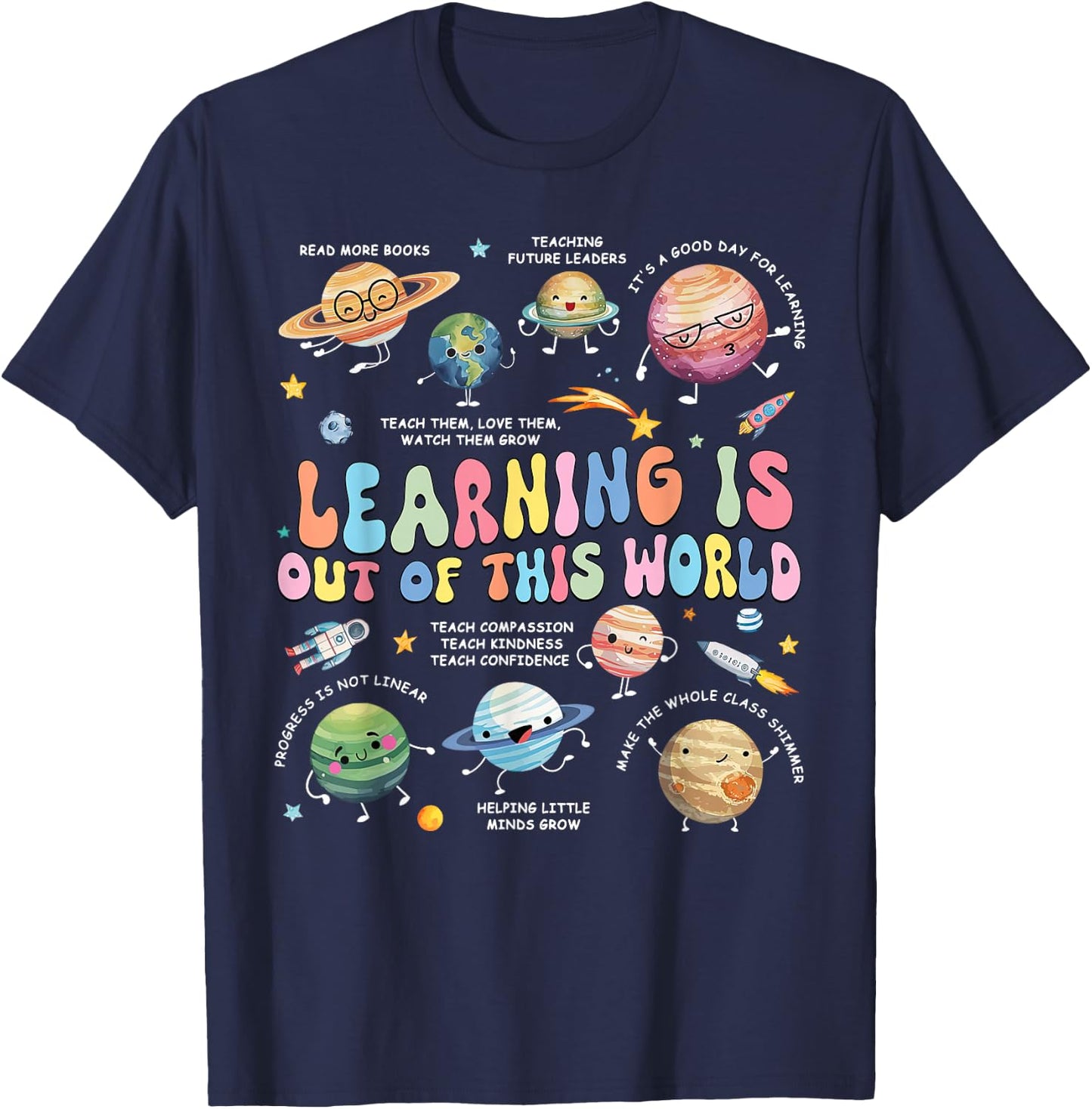 Groovy Learning Is Out Of This World Planets Space Teacher T-Shirt - T-Shirt | Navy