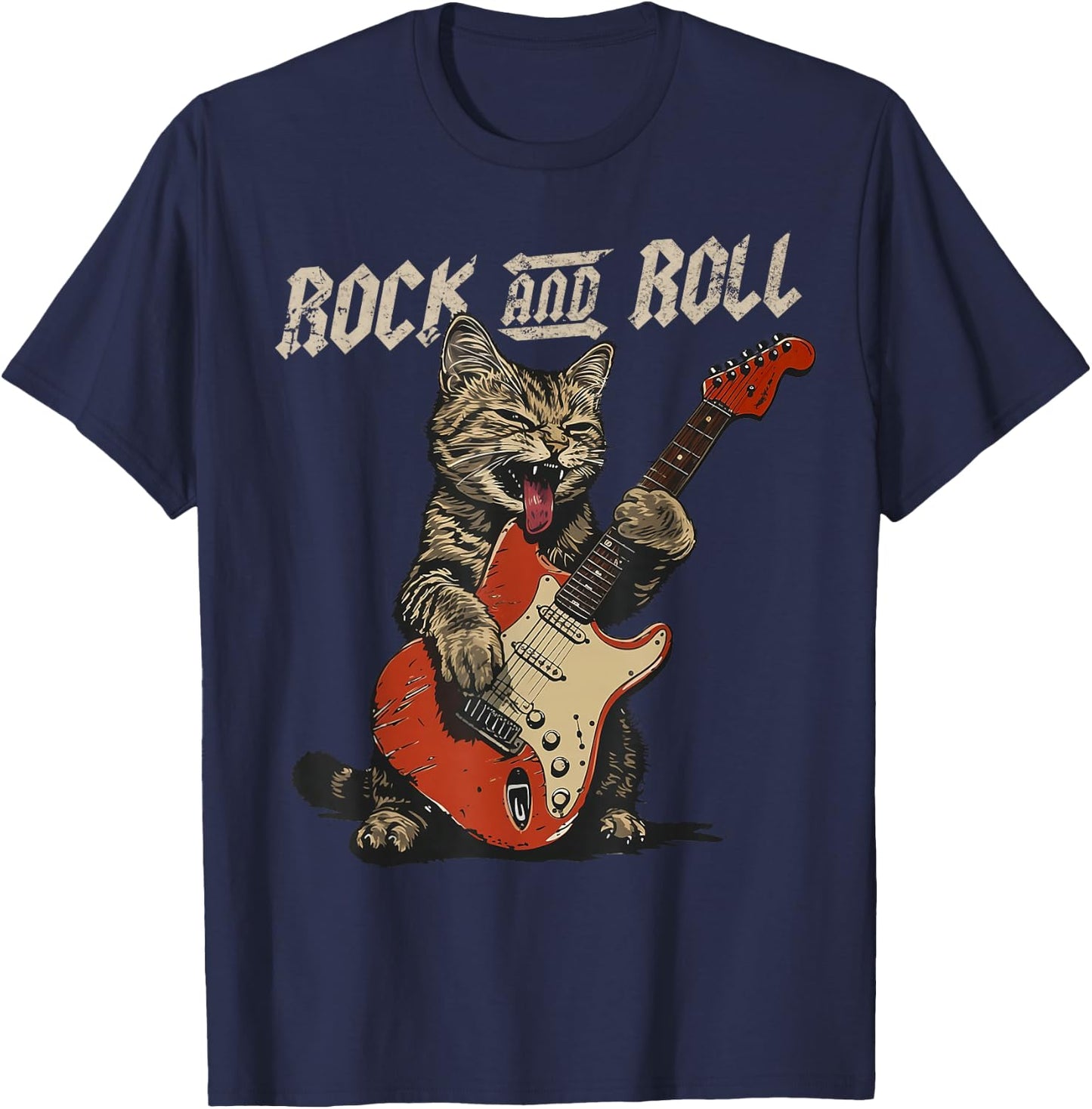 Rock and Roll Guitar Cat Vintage ROCK Guitarist Cat T-Shirt - T-Shirt | Navy