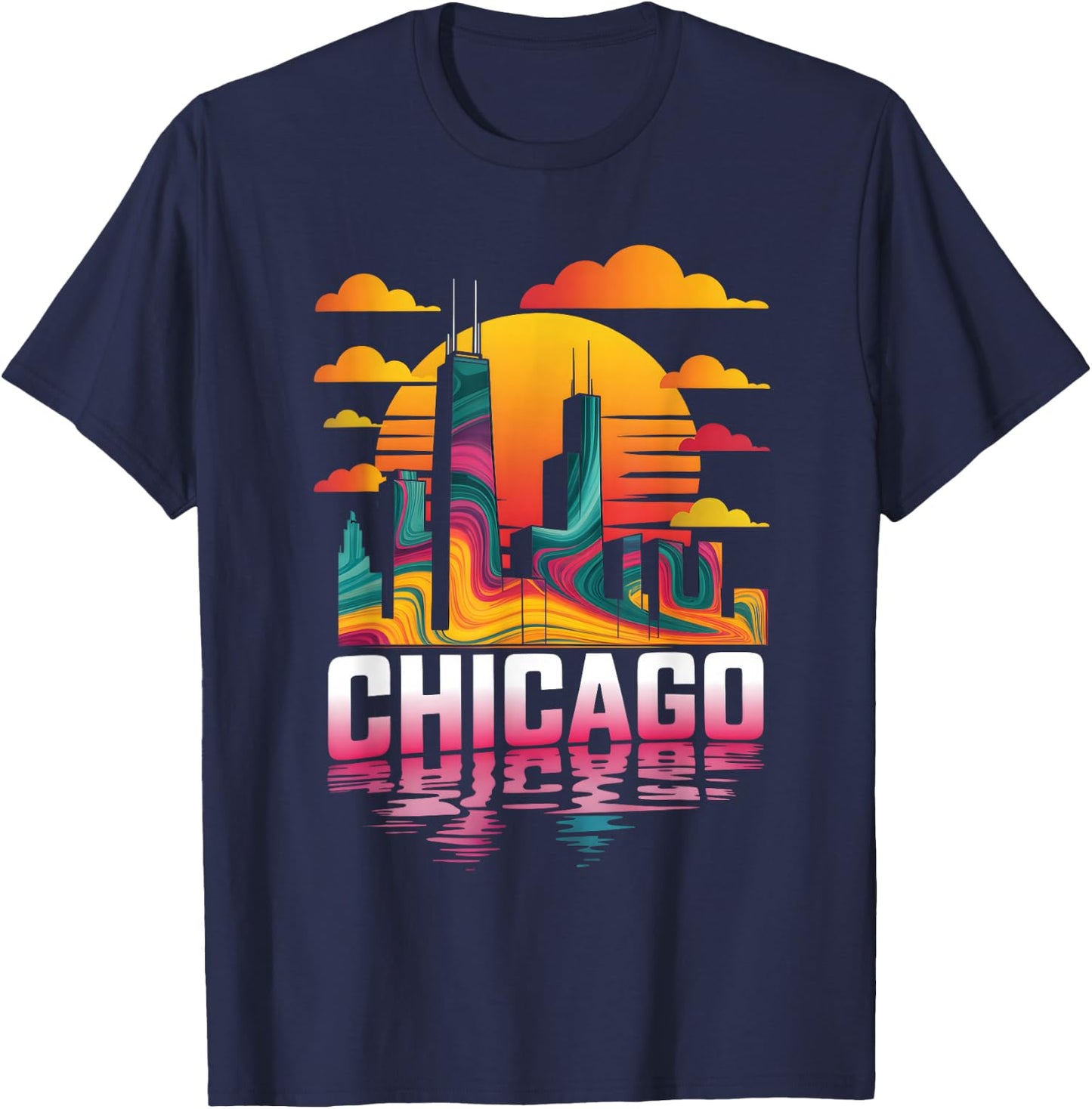 Chicago City Skyline Retro Sunset Illinois Travel Souvenir T-Shirt - T-Shirt | Navy