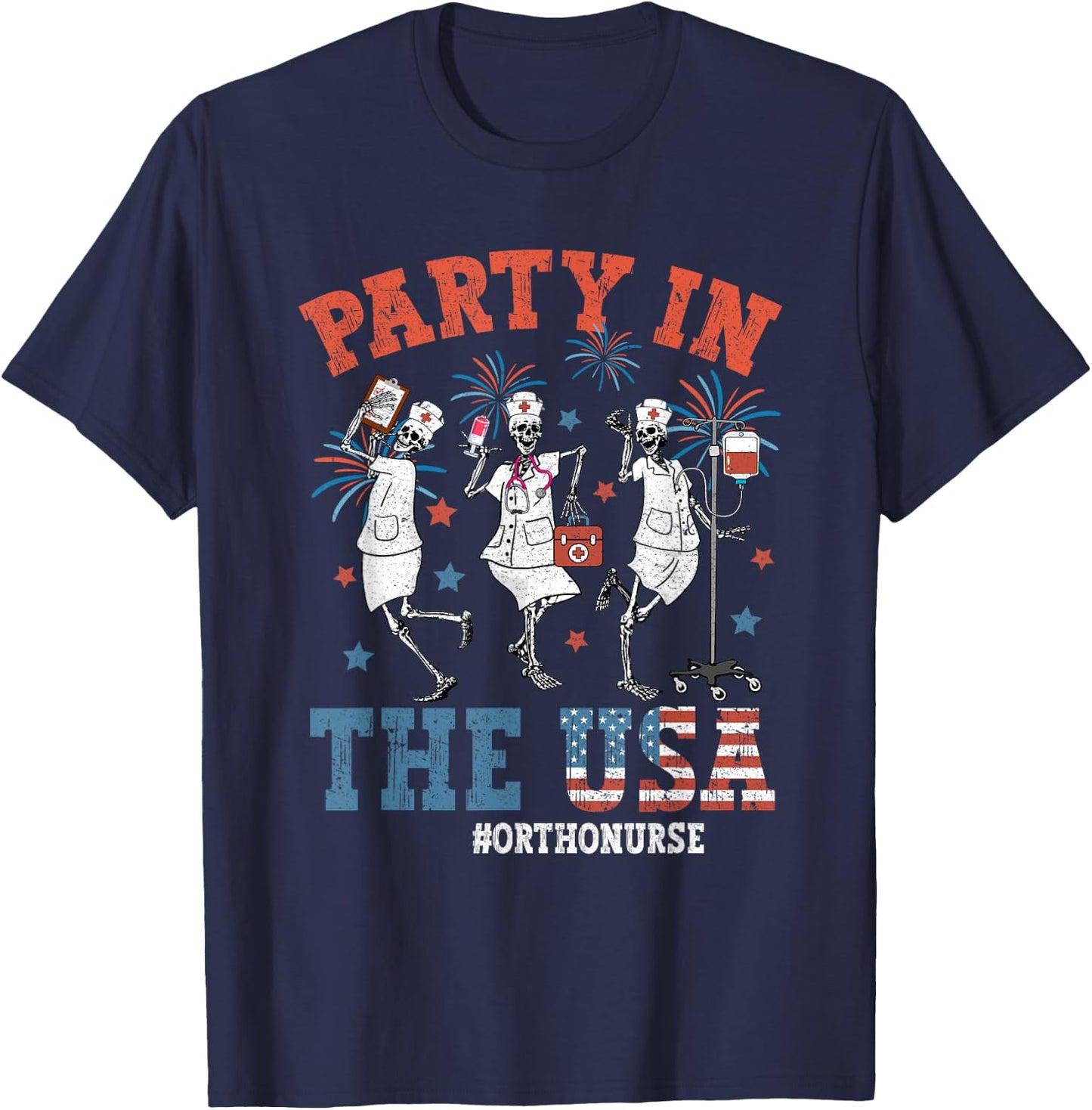 Vintage Skeleton Ortho nurse Funny 4th Of July Gifts Women Men T-Shirt - T-Shirt | Navy