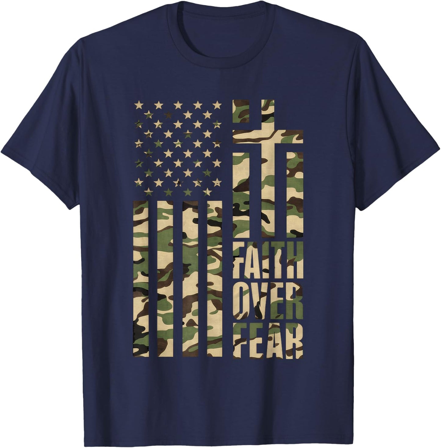 Christian USA Flag Cross Back Print Faith Over Fear Top T-Shirt - T-Shirt | Navy
