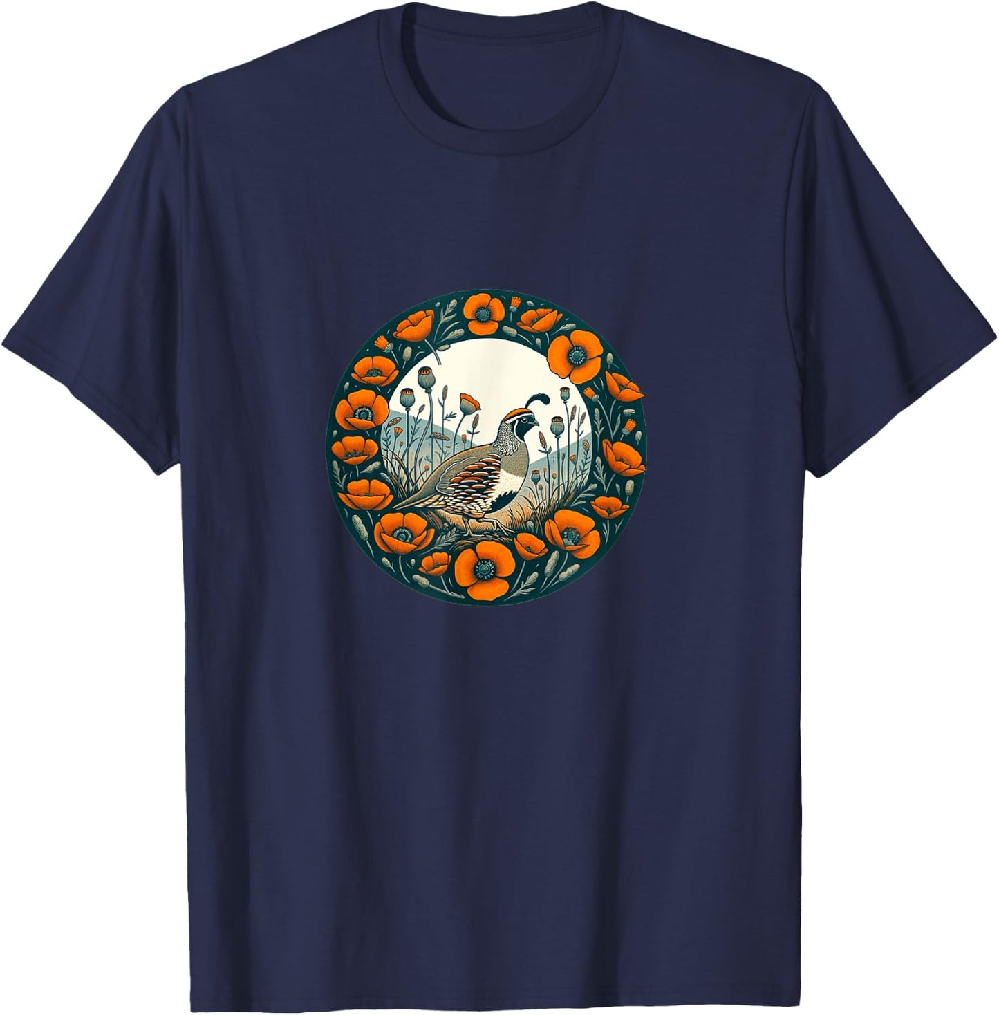 California Poppy and California quail State bird T-Shirt - T-Shirt | Navy