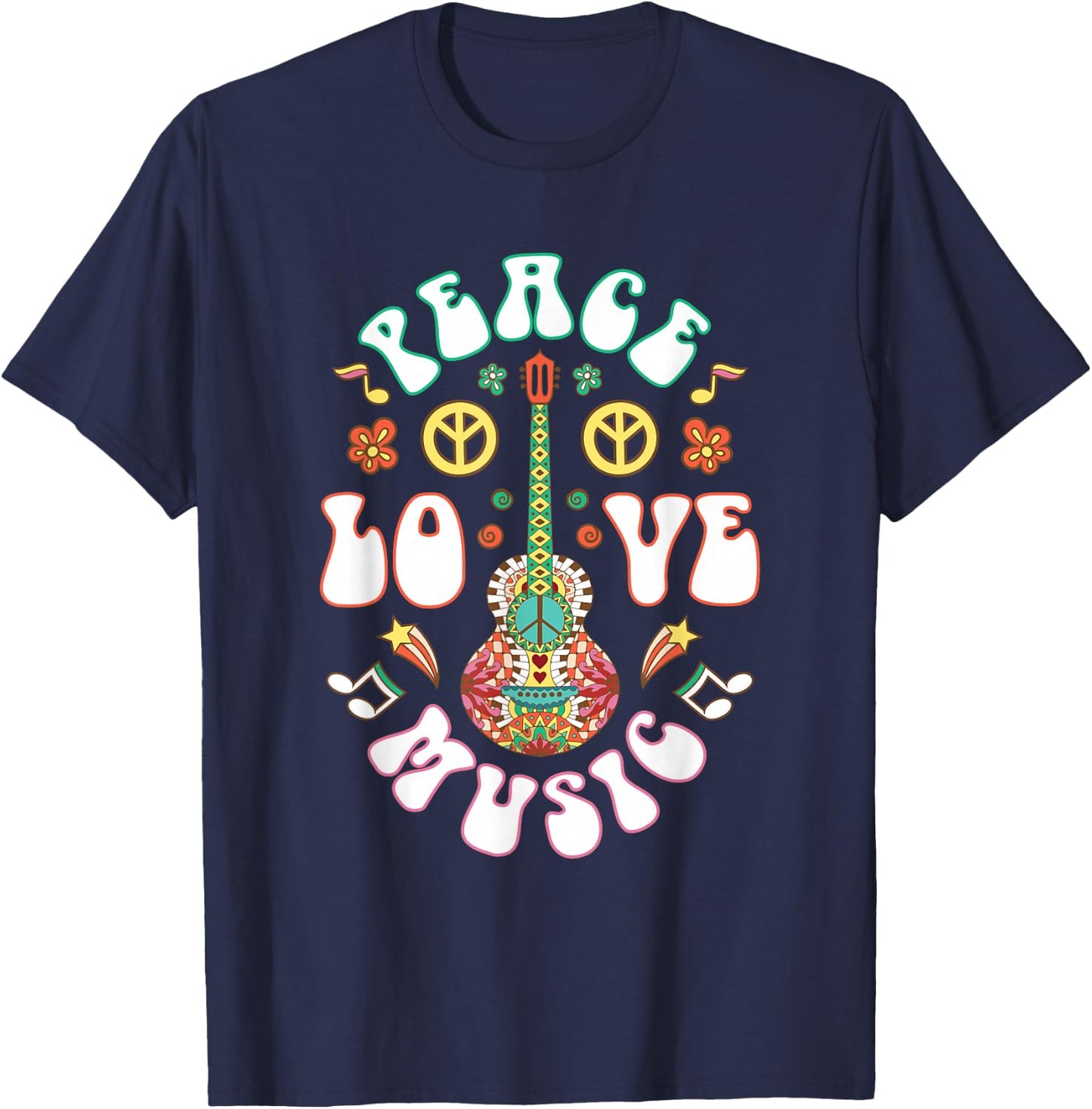 Hippie Hippies Peace Love Music Guitar Retro Hippy Gift T-Shirt - T-Shirt | Navy