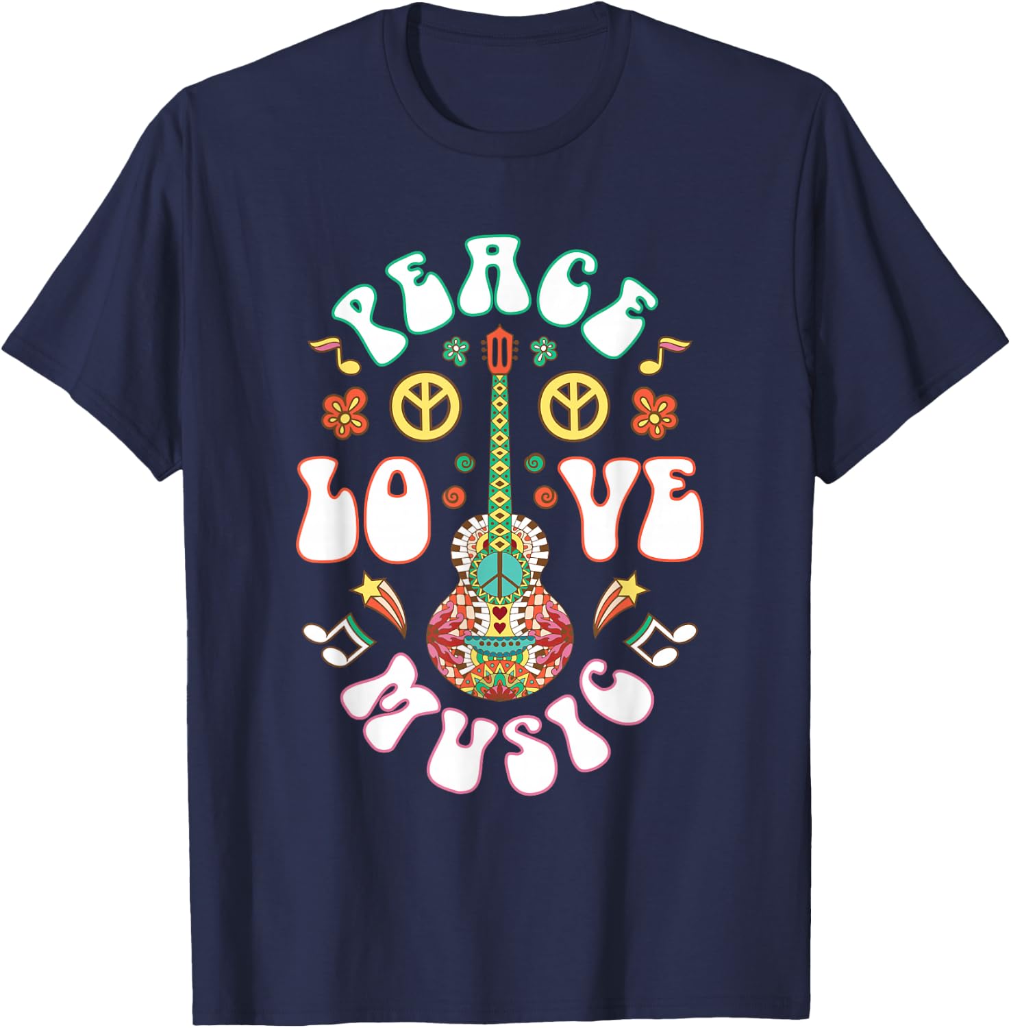 Hippie Hippies Peace Love Music Guitar Retro Hippy Gift T-Shirt - T-Shirt | Navy