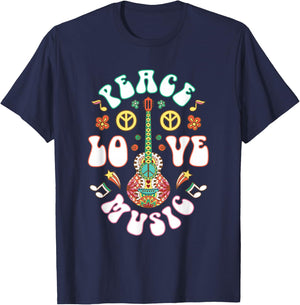 Hippie Hippies Peace Love Music Guitar Retro Hippy Gift T-Shirt - T-Shirt | Navy