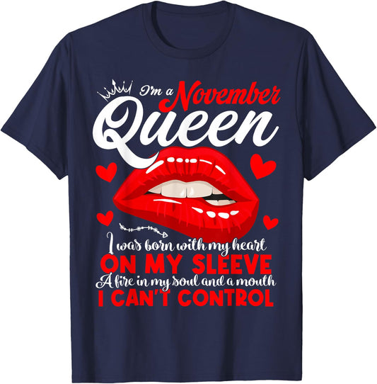 A Queen Was Born in November Women Girls November Birthday T-Shirt - T-Shirt | Navy