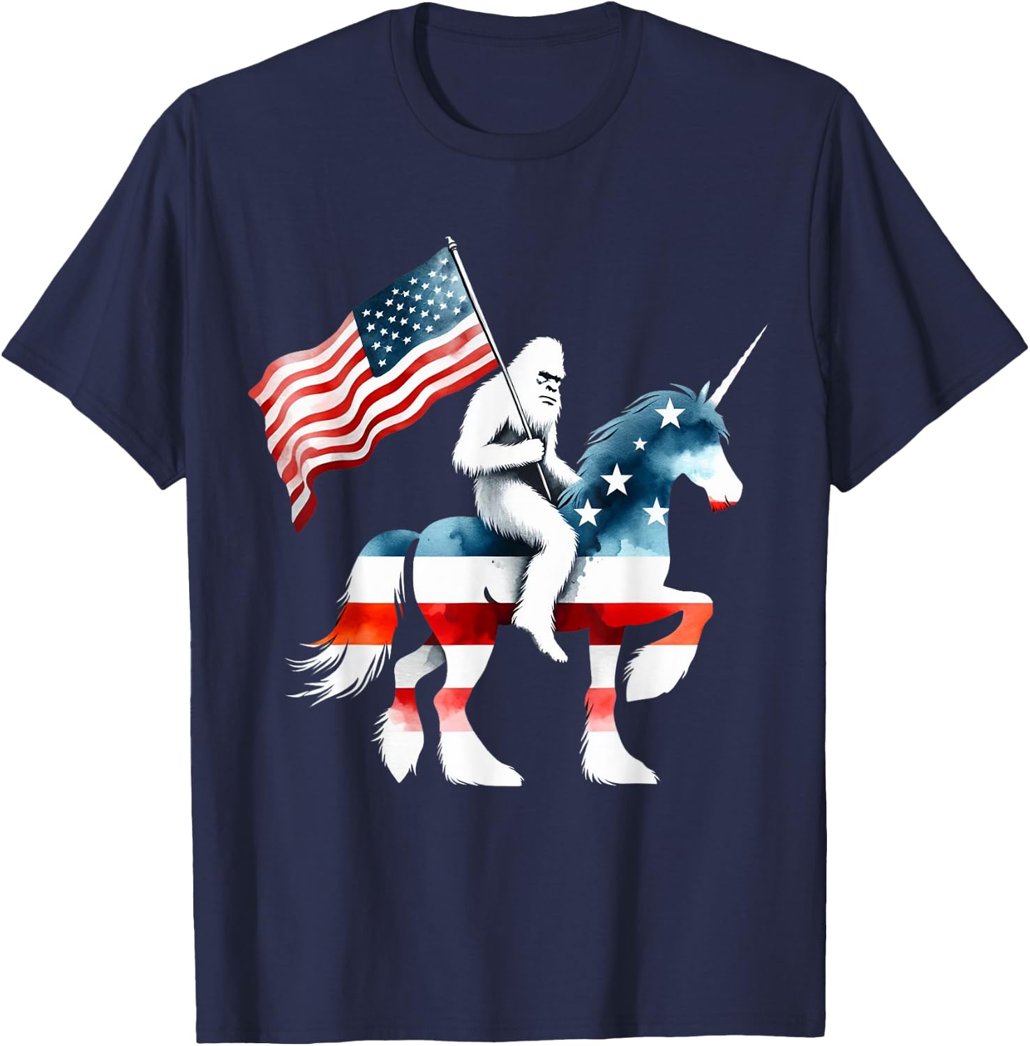 Patriotic Bigfoot Riding Unicorn American Flag 4th Of July Women Kids Men T-Shirt - T-Shirt | Navy