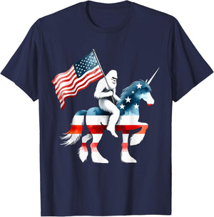 Patriotic Bigfoot Riding Unicorn American Flag 4th Of July Women Kids Men T-Shirt - T-Shirt | Navy